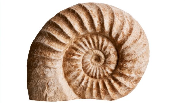 Ammonite fossil isolated on white background, spiral prehistoric shell