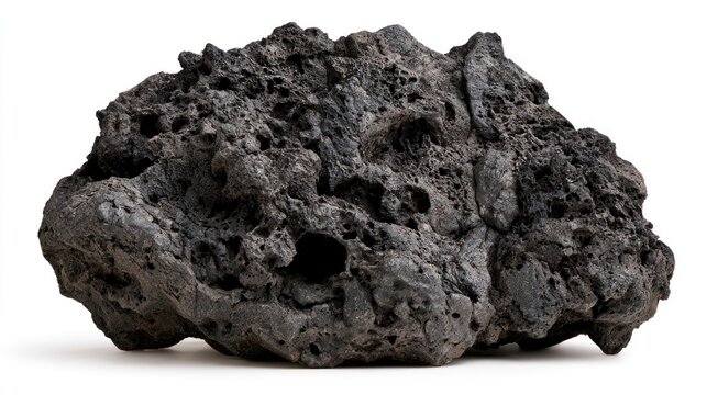 Black Porous Volcanic Lava Rock Isolated on White Background