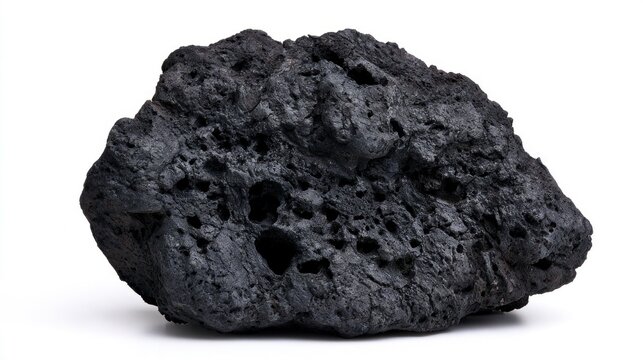 Black porous volcanic lava rock isolated on white background