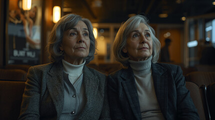 Fototapeta premium Older lesbian couple in warm cinema lobby in soft evening light in blazer and cashmere roll neck with blurred posters and calm anticipation generative AI