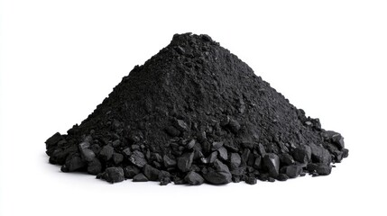 Fototapeta premium Pile of activated charcoal powder and crushed pieces isolated on white background