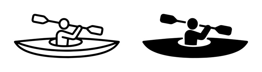 Kayaking Icons Set, Silhouette and Outline Kayaker Paddling, Water Sport Vector Graphics for Recreation and Adventure Themes © Rifat