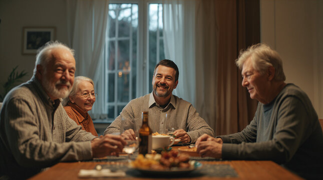 Man in mid forties at warm home dining table with elderly parents and teenage child in warm neutral clothes in soft evening light generative AI