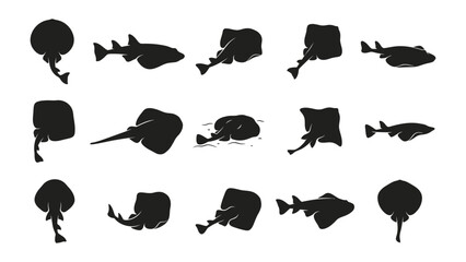 Collection of Rays and Skates Silhouettes: A curated set of black silhouettes showcasing the diverse shapes and forms of various ray and skate species. © Md