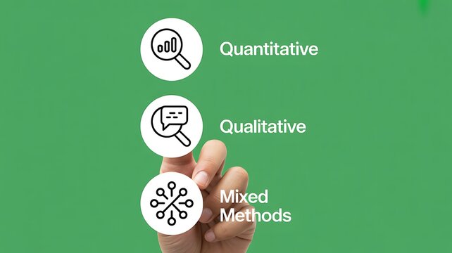 Quantitative qualitative and mixed methods research concept with connected methodology icons