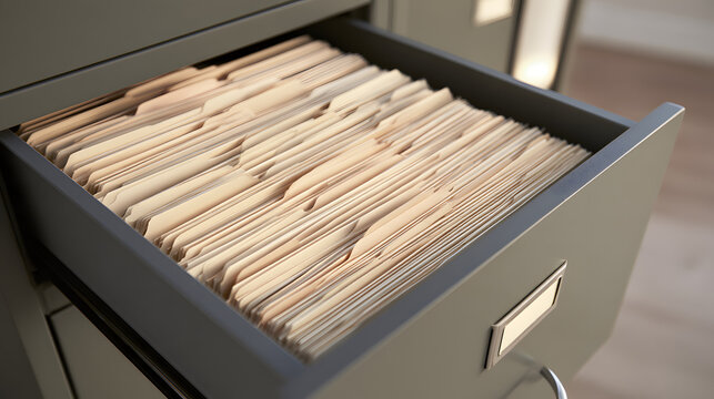 Open the drawer of a modern filing cabinet filled with neatly arranged manila folders for business record management