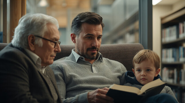 Man in forties in soft grey knit at public library reading corner between elderly parent and young child in warm indirect light generative AI