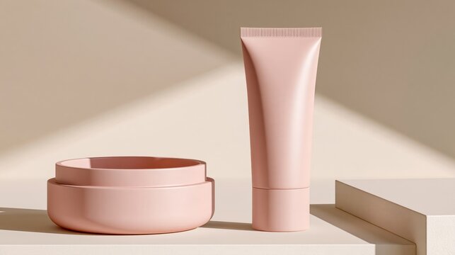 Pink cosmetic tube and open jar on minimalist beige platform with soft shadows and clean lighting