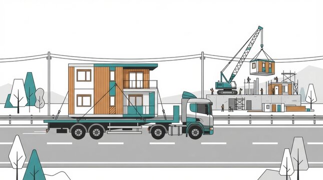 A truck carries a modular prefab home to a construction site where it will be assembled. A crane is lifting additional components nearby.