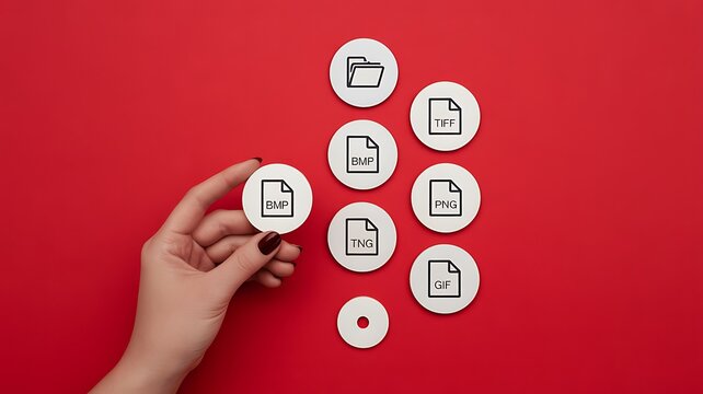 Digital file formats concept with hand selecting folders and document icons on red background