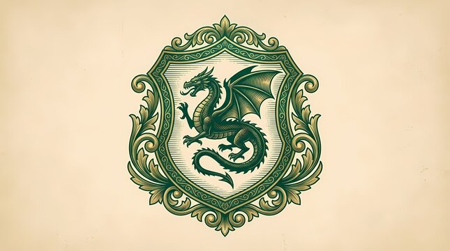 Heraldic Green Dragon Crest Featuring Ornate Decorative Frames Within A Medieval Style Shield Motif Representing Ancient Royalty And Mythical Creatures Suitable For Fantasy Themes And Historic