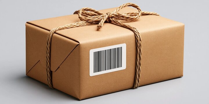 Delivery box with twine wrapping and barcode label
