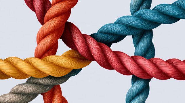 Strong colorful intertwined ropes connected together as a symbol of unity, teamwork, cooperation, and integration concept