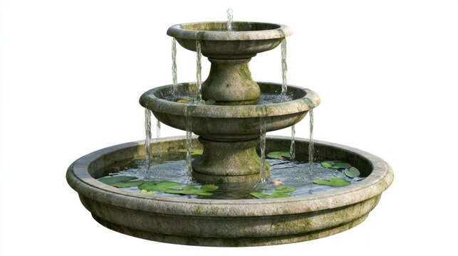 Three-tiered stone garden fountain with water lilies and goldfish isolated on white background