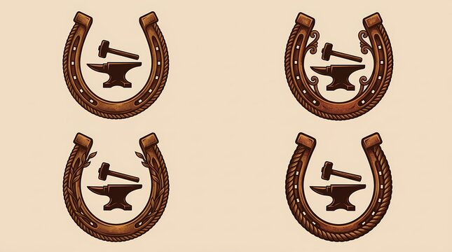 Set of four distinct brown horseshoe icons featuring blacksmith hammer and anvil symbols for artisanal ironwork branding representing traditional craftsmanship metal forging expertise and