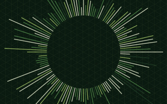 Circular sound wave equalizer graphic with green lines on dark isometric grid for audio design.