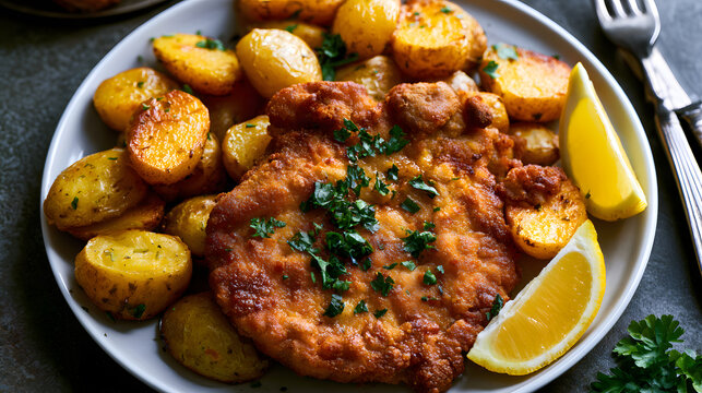 Crunchy pork schnitzel paired with roasted potatoes and lemon wedges, perfect for classic European cuisine and dining experiences