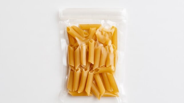 Dry penne pasta in a clear plastic zipper bag isolated on a white background