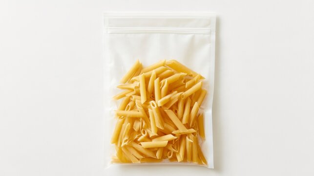 Uncooked dry penne pasta in a clear resealable plastic zipper bag isolated on a white background