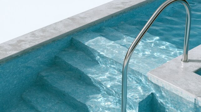 Modern swimming pool with blue mosaic tiles, stairs entry and stainless steel handrail