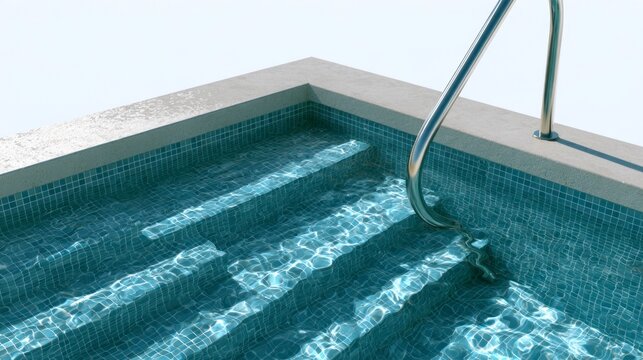 Close-up of a modern swimming pool with blue mosaic tiles and metal handrail