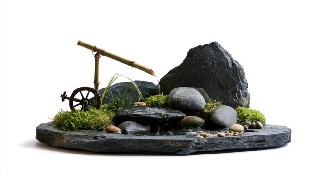Miniature Japanese Zen Garden Water Fountain with Bamboo Spout, Water Wheel, and Mossy Stones