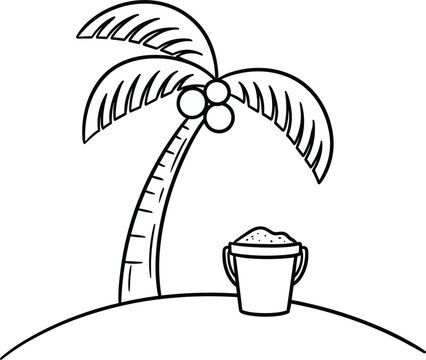 Tropical island beach paradise line vector graphic element featuring single coconut palm tree and sand bucket