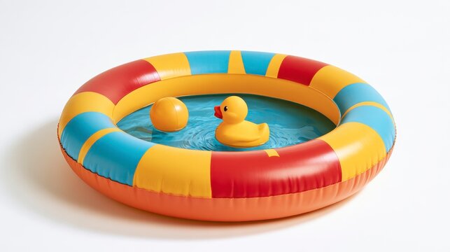 Colorful Inflatable Baby Pool with Yellow Rubber Duck and Ball Isolated on White Background