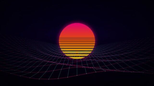 Abstract 3D wireframe grid landscape with a retro synthwave aesthetic. Neon cyan and hot magenta glowing lines and nodes on a dark background. The digital terrain undulates like ocean waves while flyi