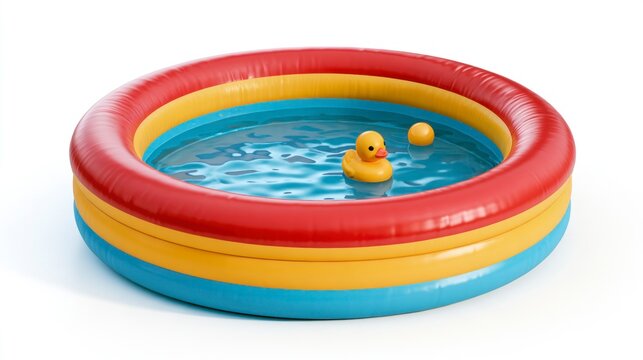 Colorful inflatable kiddie pool with yellow rubber duck and ball floating in water isolated on white background