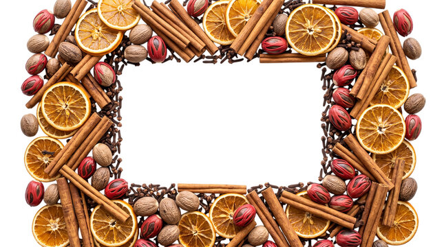 Frame of cinnamon stick and dried orange on white background