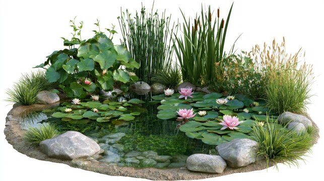 Beautiful decorative garden pond featuring water lilies, aquatic plants, cattails, and smooth rocks, isolated on a white background