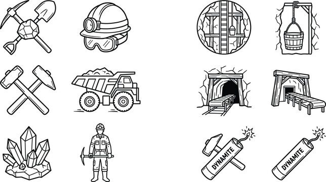 Underground coal mining line vector illustration set featuring dumper truck worker dynamite and tunnel extraction tools