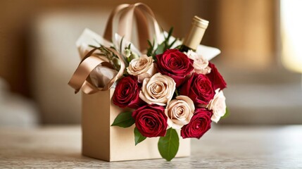 Obraz premium Romantic rose bouquet with wine in decorative box