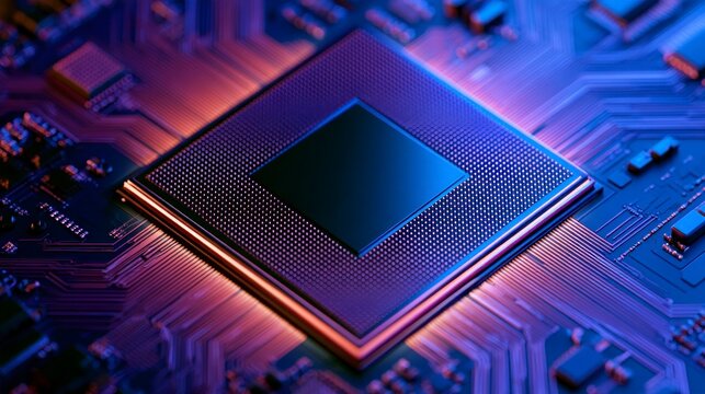 Close-up of a modern computer processor on a circuit board with neon blue and orange lighting, symbolizing advanced technology and high-performance computing