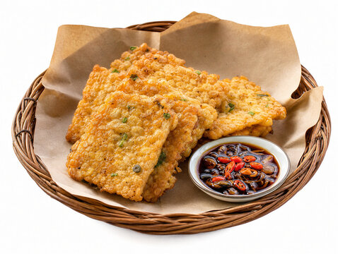 Crispy Indonesian Fried Batter Tempeh Tempe Mendoan with Spicy Soy Dip Isolated on White Background
