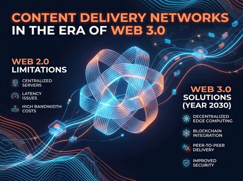Content Delivery Networks in Web 3.0 Era Infographic, Futuristic Decentralized Technology and Blockchain Network Banner