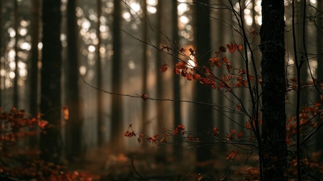 Atmospheric autumn forest at sunset with sunlight rays filtering through dark trees and red leaves in focus
