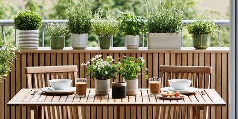 Obraz premium Sunny balcony breakfast scene with plants and delicious food