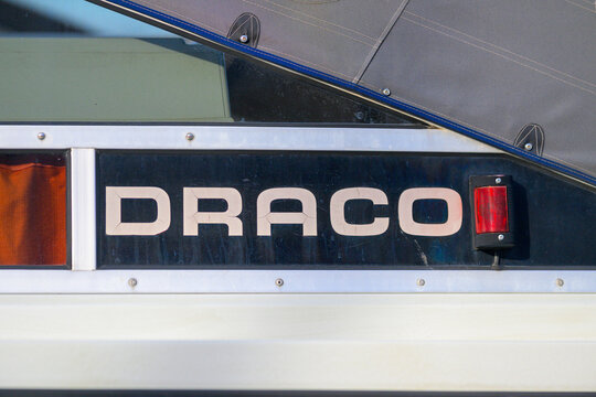 Gothenburg, Sweden - July 21 2026: Draco brand lettering detail on classic recreational motorboat.