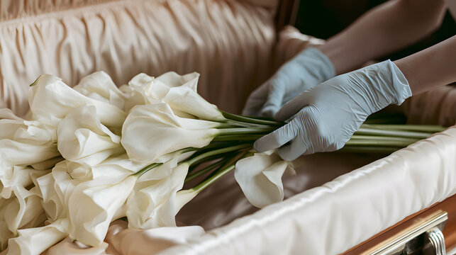 Close-up of a mortuary worker's gloved hands arranging white calla lilies inside a satin-lined casket interior. Funeral preparation detail, casket floral arrangement, professional