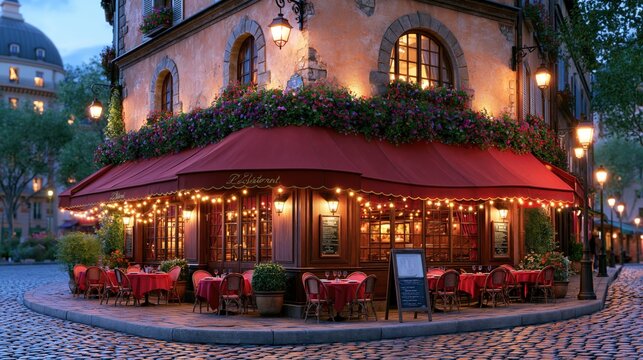 An inviting outdoor cafe with red awnings and glowing lights sits on a cobblestone street.