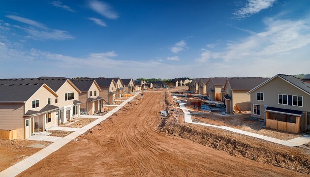 new suburban homes currently under construction in row