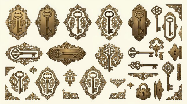 Set of golden vintage keys with ornate decorative frames and antique escutcheons for luxury interior design projects and historical themed stationery crafting assets to enrich your creative