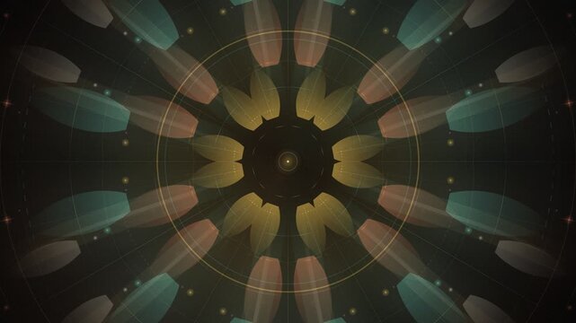 Geometric Kaleidoscope Loop Background with Golden and Teal Floral