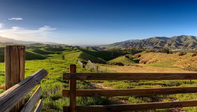 a wooden corral fence with a landscape of irvine regional park in orange county california