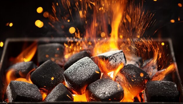 barbecue charcoal in briquettes bbq fire and flame embers glowing in black with abstract sparks
