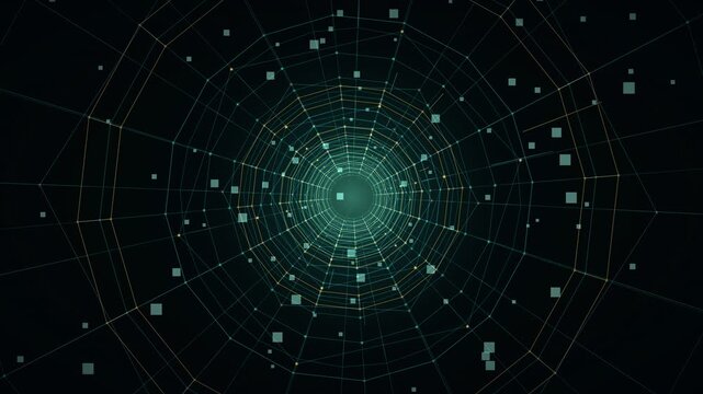 Cybernetic Wireframe Tunnel Loop with Green Glow and Digital Data