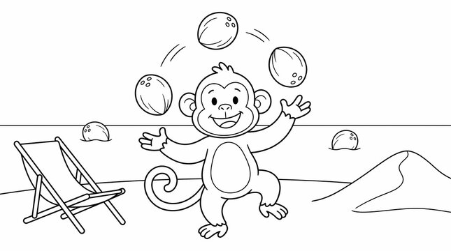 Cute cartoon monkey juggling coconuts on a tropical beach next to a deck chair, black and white coloring page for kids.