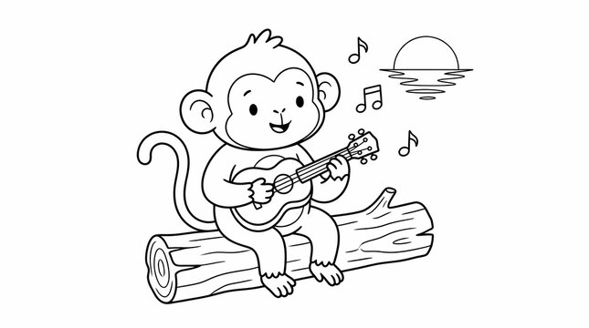 Cute cartoon monkey sitting on a log and playing the ukulele during a sunset, coloring book page for kids.
